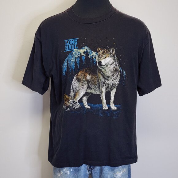 True Vintage 1991 XL Long Haul Trucker Wolf Alaska Shirt USA 50/50 Shoulder Fade - Picture 2 of 10